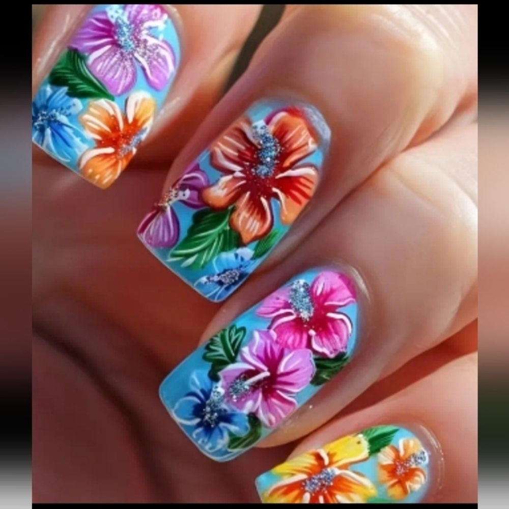 🔥3/$21 Tropical Floral design Medium Square Shaped Press on False nails